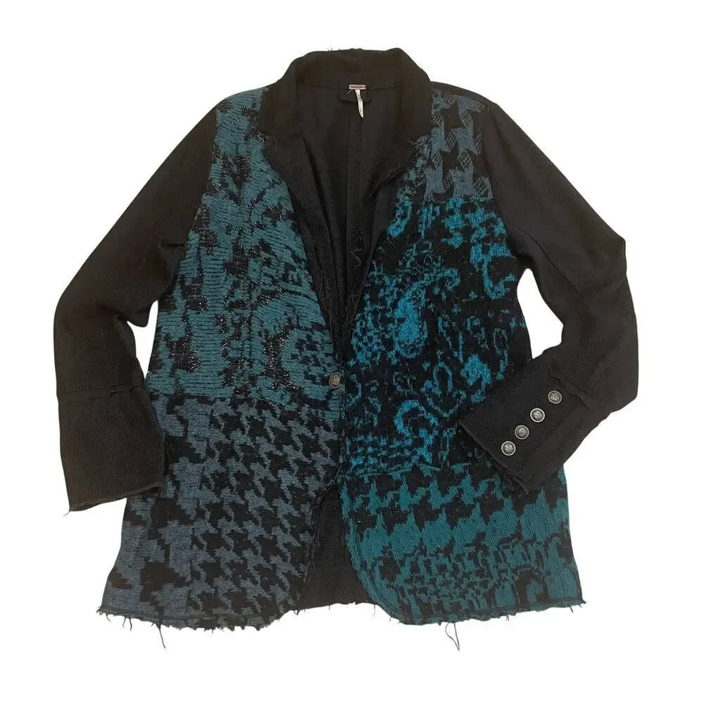 Free People Better Together Blazer M | Mixed Knit Jacquard Open Front, Oversized